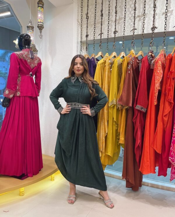 Emerald Elegance Embellished Cape Dress